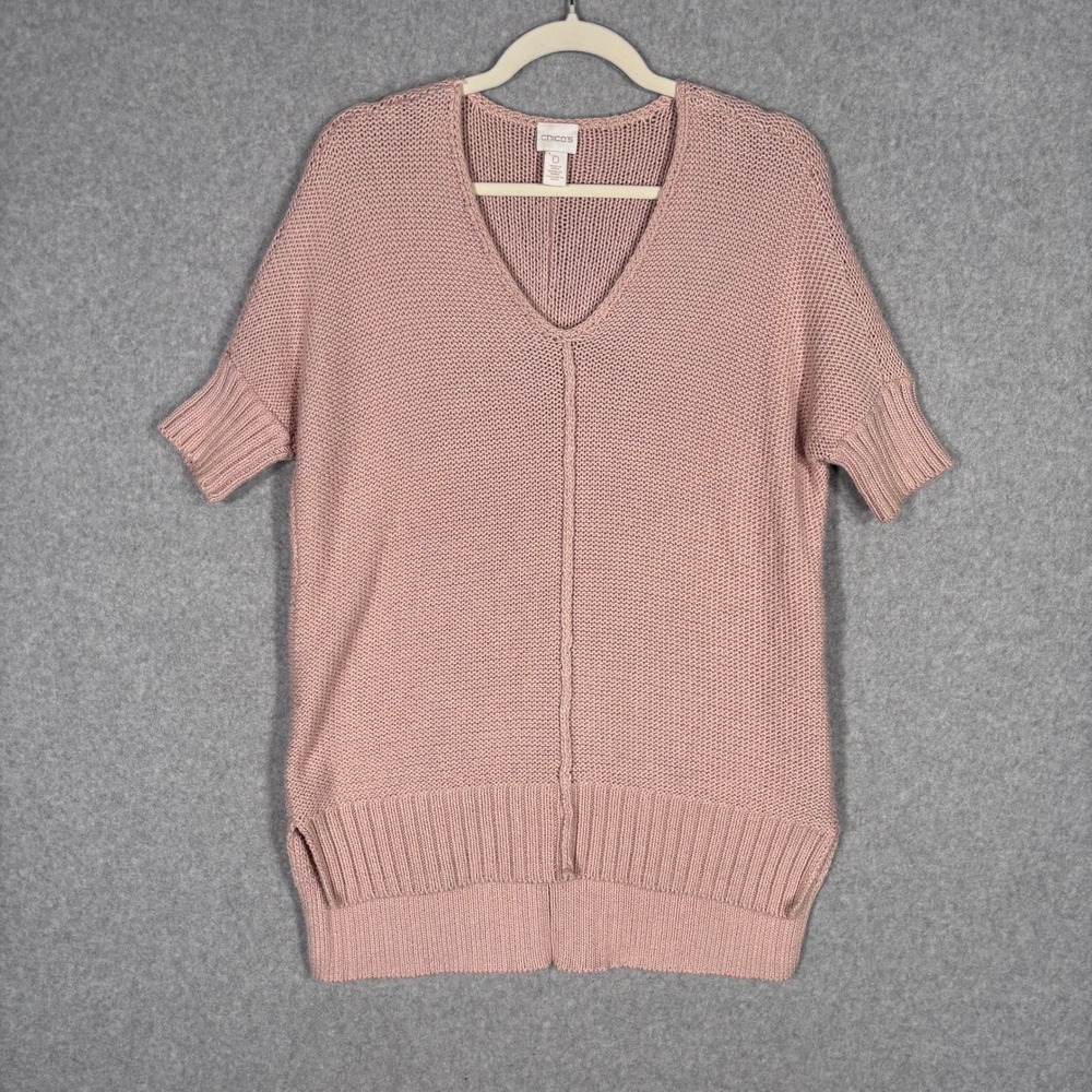 Chicos Oversized Open Knit Sweater Top Small Pink Beach Vacation Feminine Pastel